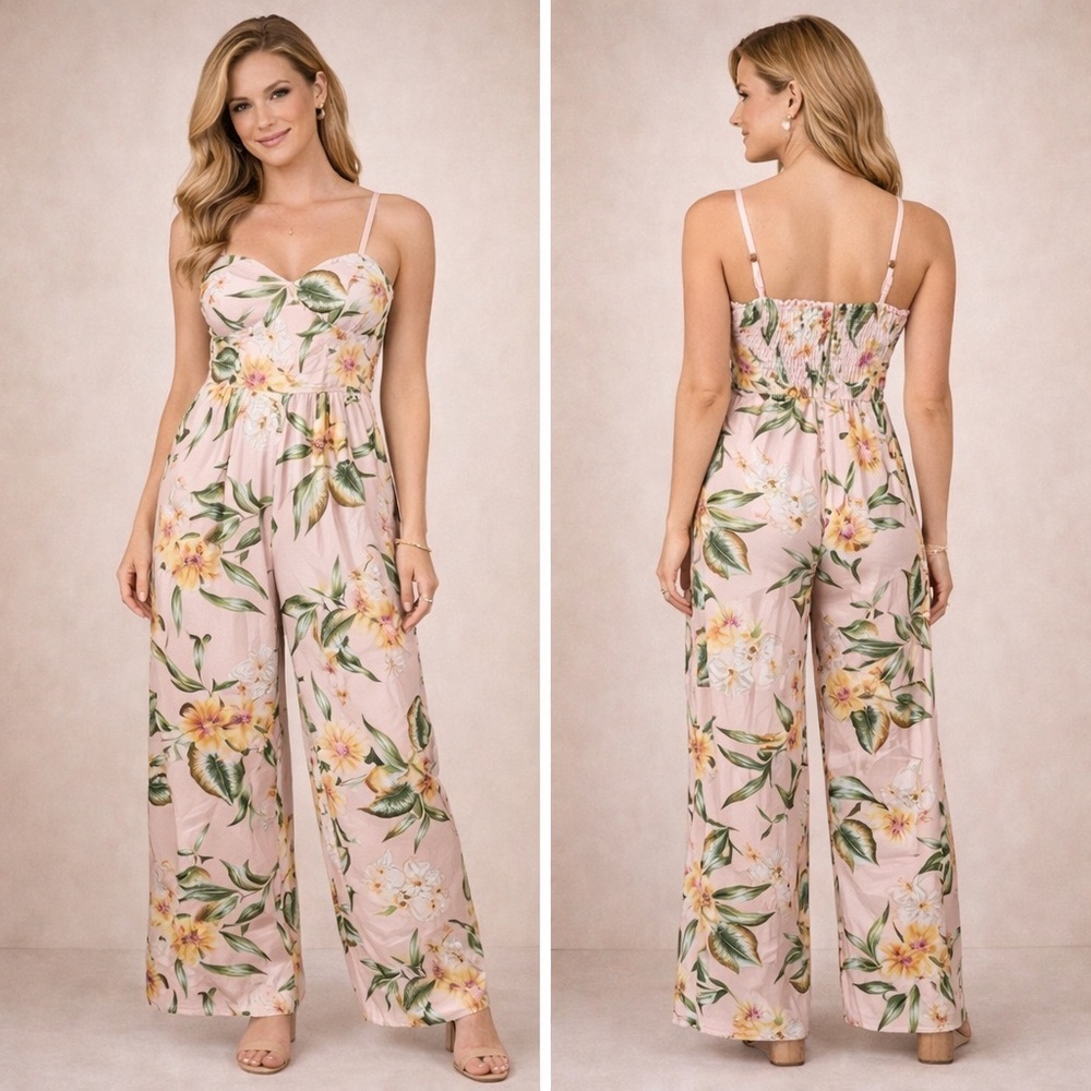 Band of Gypsies Pink Green Floral Bustier Adjustable Strap Jumpsuit Size XS